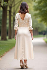 Dreamyannie Champagne Wedding Guest Dress V-Neck A Line Formal Dress With Long Sleeves