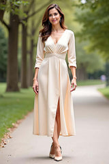 Dreamyannie Champagne Wedding Guest Dress V-Neck A Line Formal Dress With Long Sleeves