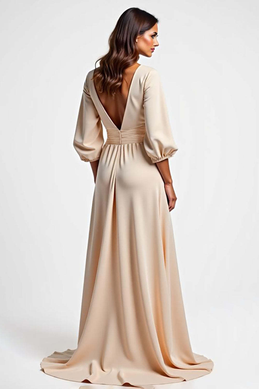 Dreamyannie Champagne Wedding Guest Dress V-Neck A Line Ruched Long Formal Dress