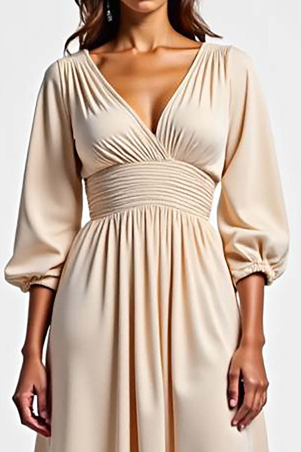 Dreamyannie Champagne Wedding Guest Dress V-Neck A Line Ruched Long Formal Dress