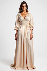 Dreamyannie Champagne Wedding Guest Dress V-Neck A Line Ruched Long Formal Dress