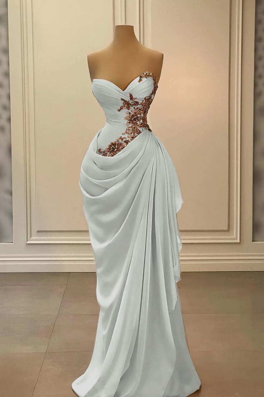 Dreamyannie Champange Prom Dress Strapless Sweetheart Satin Chiffon Sleeveless Formal Dress