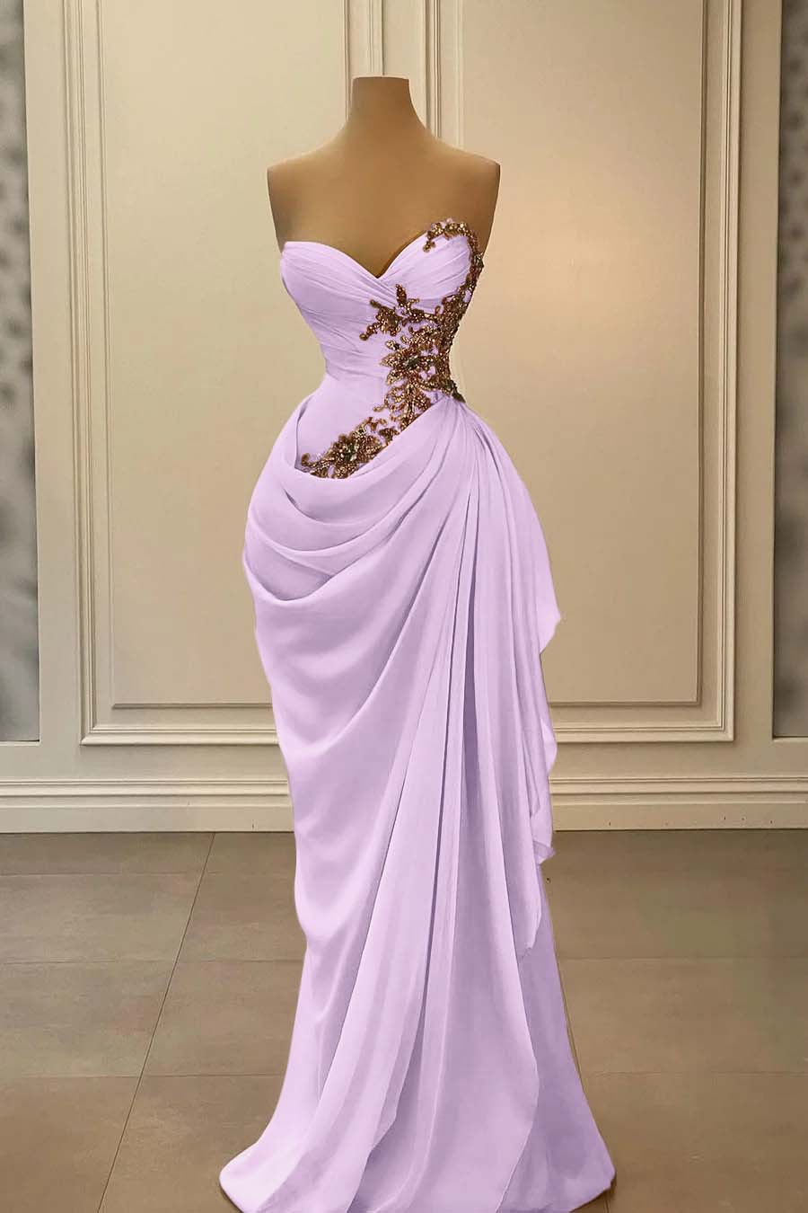 Dreamyannie Champange Prom Dress Strapless Sweetheart Satin Chiffon Sleeveless Formal Dress