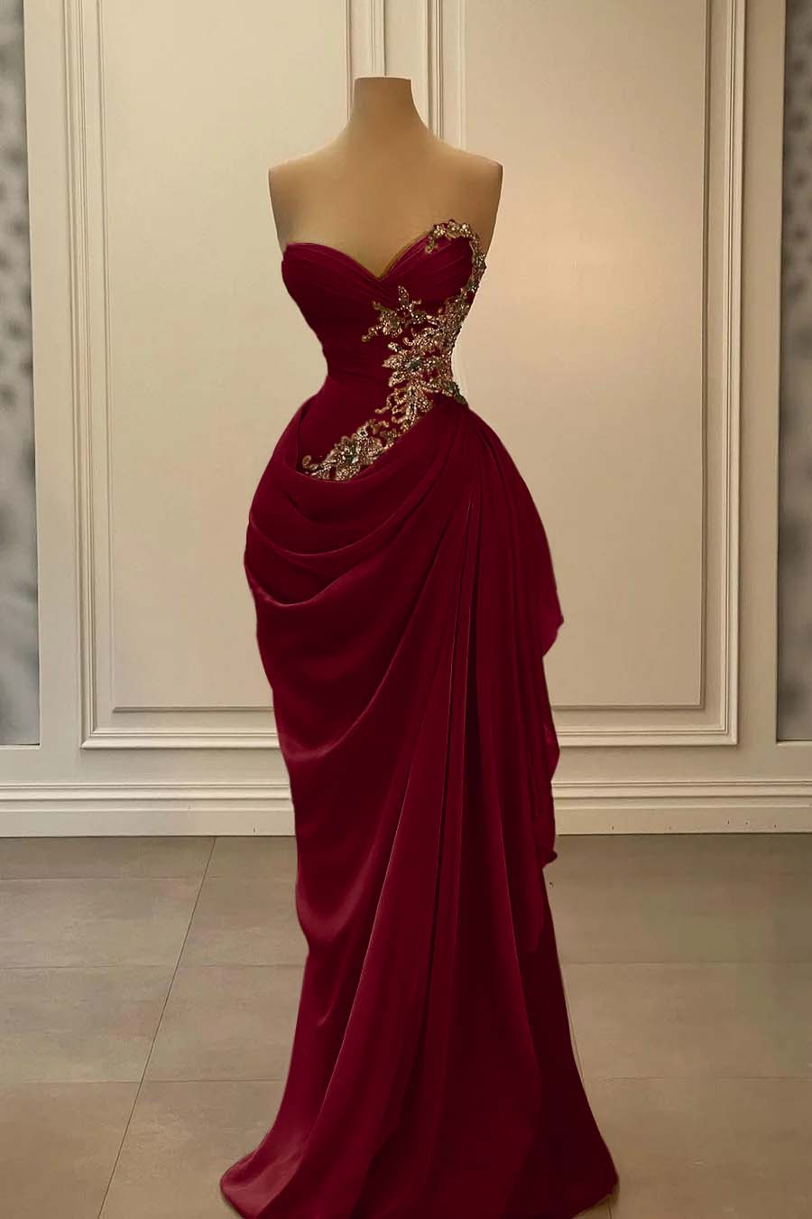 Dreamyannie Champange Prom Dress Strapless Sweetheart Satin Chiffon Sleeveless Formal Dress