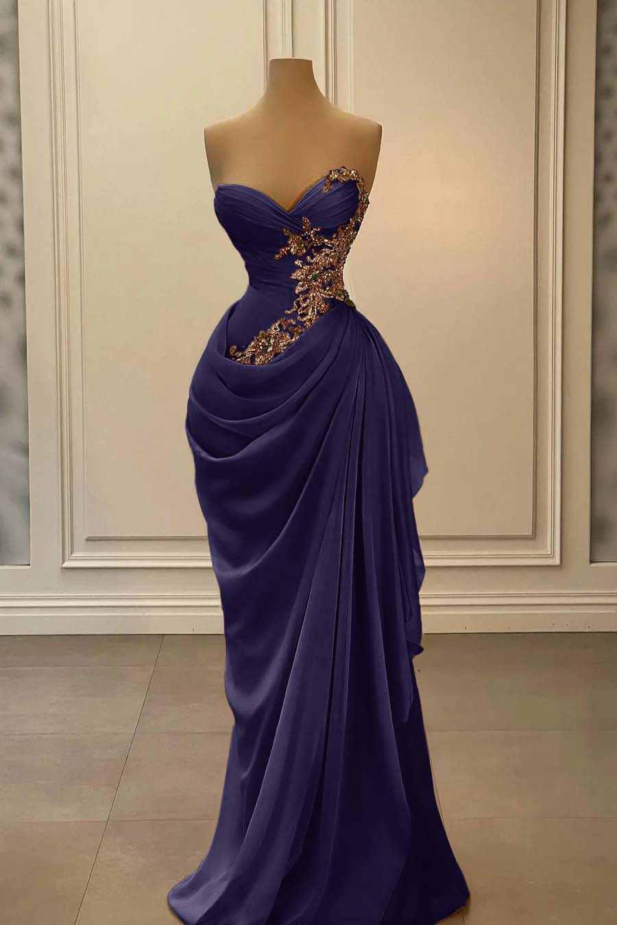 Dreamyannie Champange Prom Dress Strapless Sweetheart Satin Chiffon Sleeveless Formal Dress