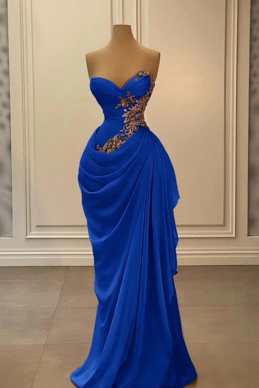 Dreamyannie Champange Prom Dress Strapless Sweetheart Satin Chiffon Sleeveless Formal Dress