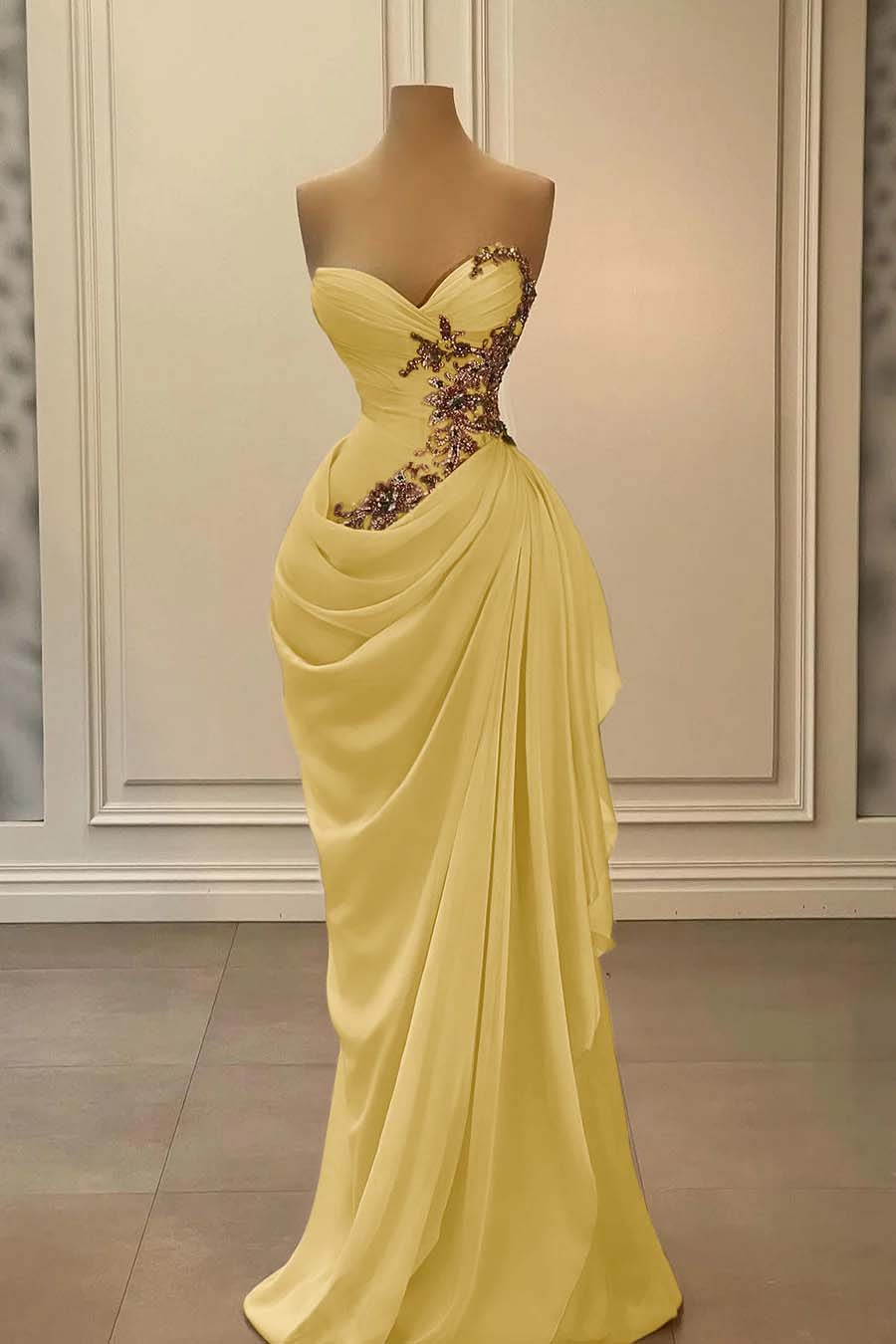 Dreamyannie Champange Prom Dress Strapless Sweetheart Satin Chiffon Sleeveless Formal Dress