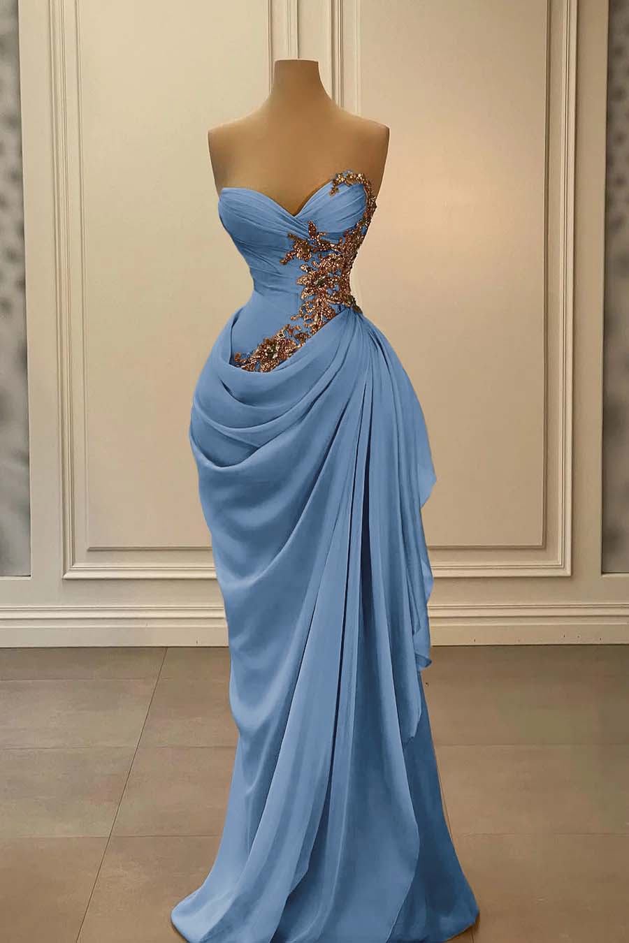 Dreamyannie Champange Prom Dress Strapless Sweetheart Satin Chiffon Sleeveless Formal Dress