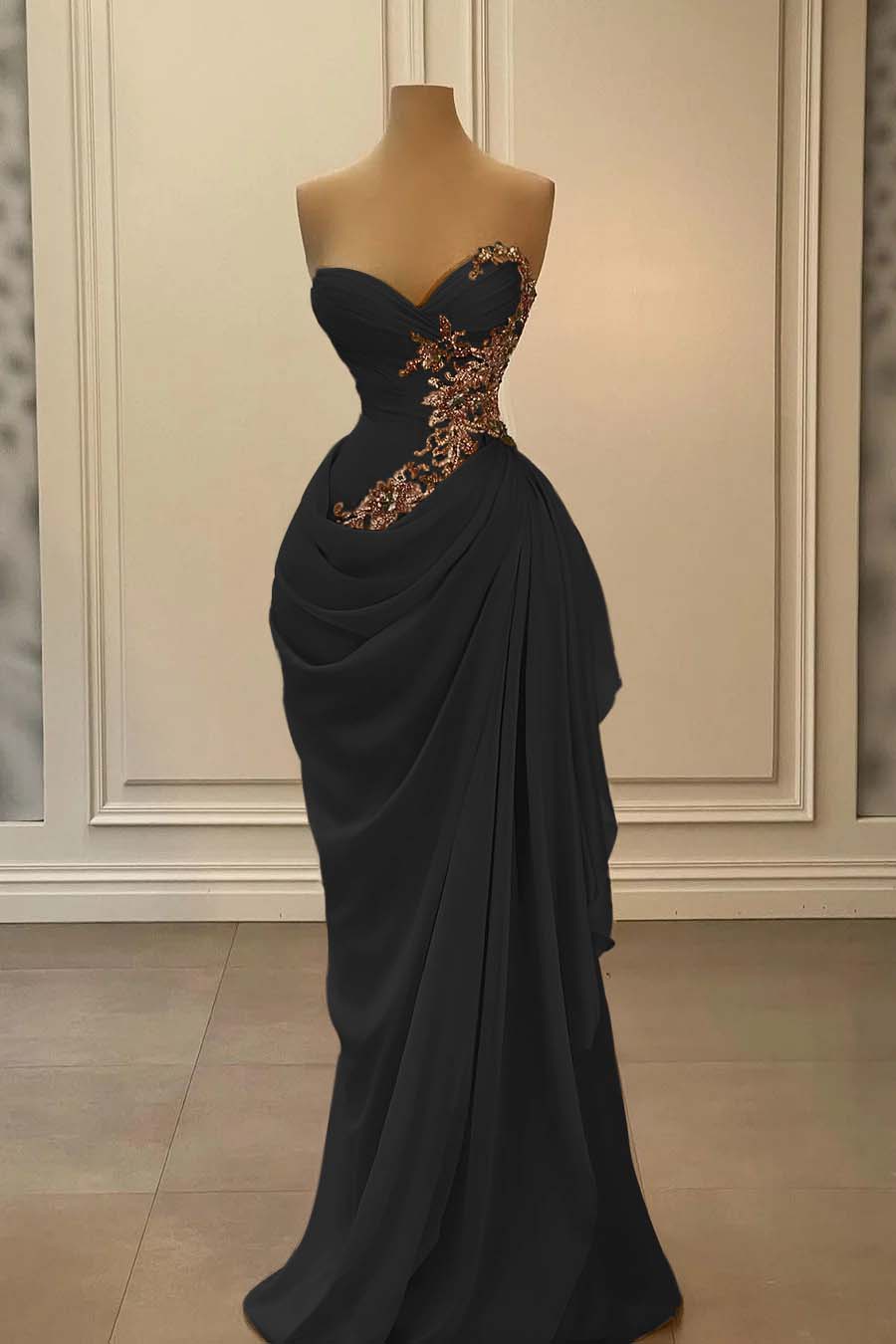 Dreamyannie Champange Prom Dress Strapless Sweetheart Satin Chiffon Sleeveless Formal Dress