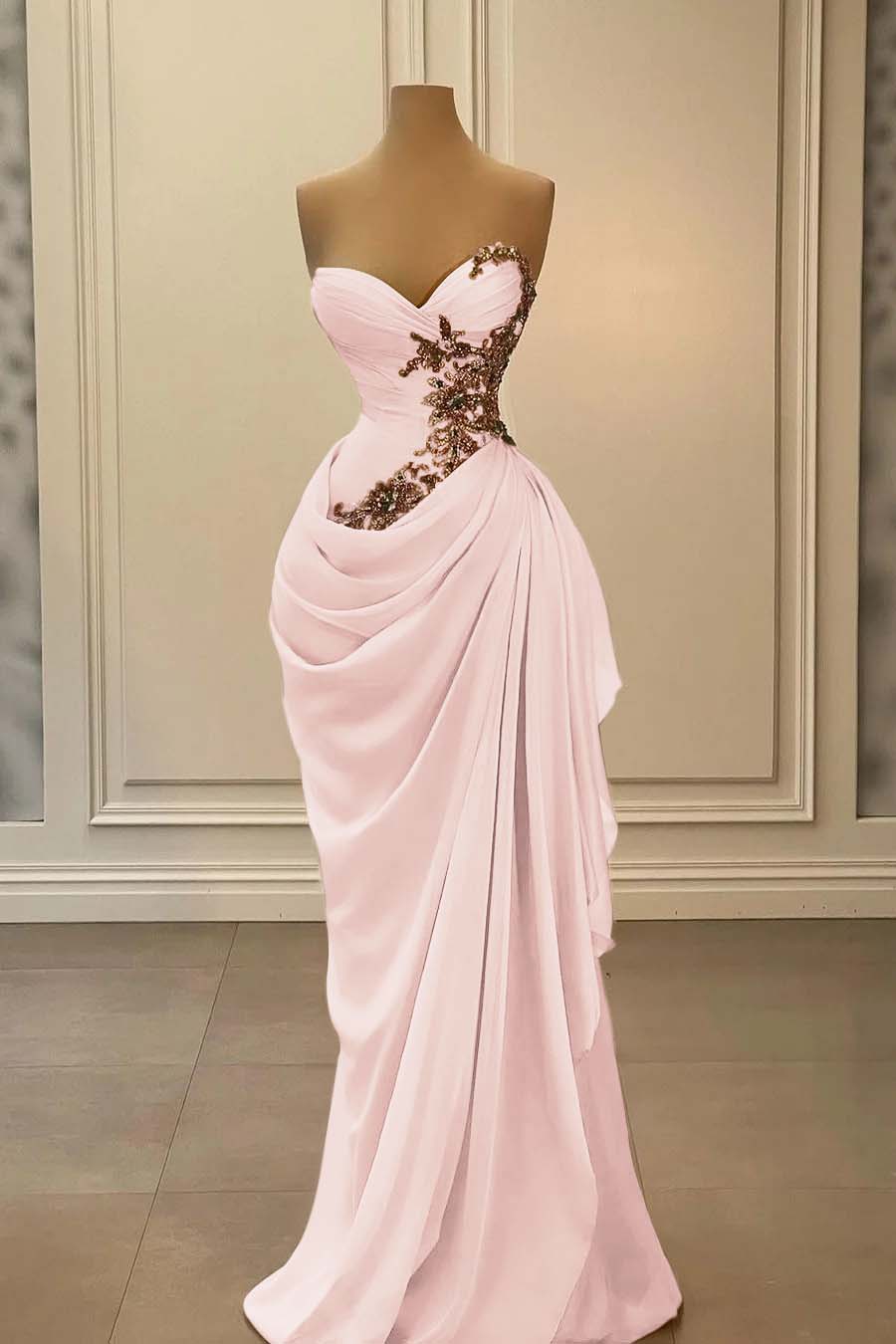 Dreamyannie Champange Prom Dress Strapless Sweetheart Satin Chiffon Sleeveless Formal Dress