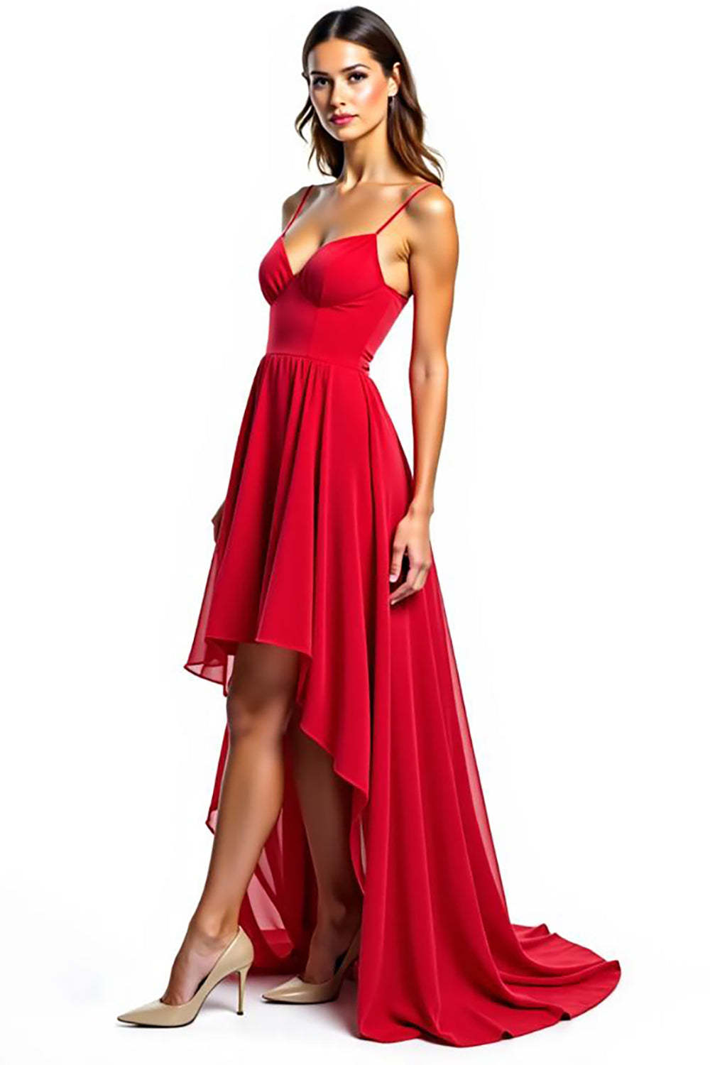 Dreamyannie Chiffon High-Low Spaghetti Straps Red Wedding Guest Dress Formal Dress