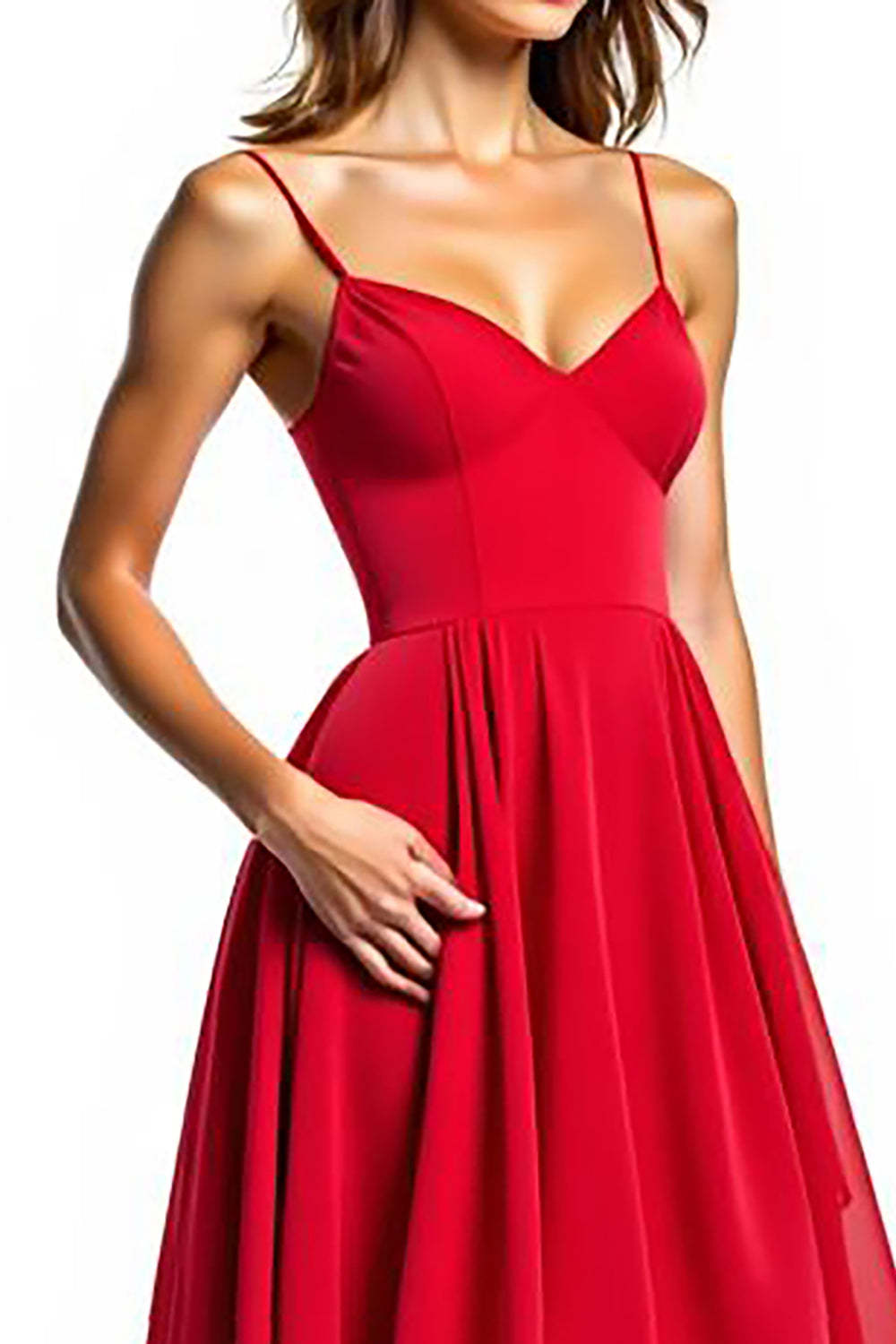 Dreamyannie Chiffon High-Low Spaghetti Straps Red Wedding Guest Dress Formal Dress
