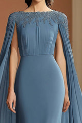 Dreamyannie Chiffon Long Grey Blue Wedding Guest Dress Sheath Formal Dress With Shawl