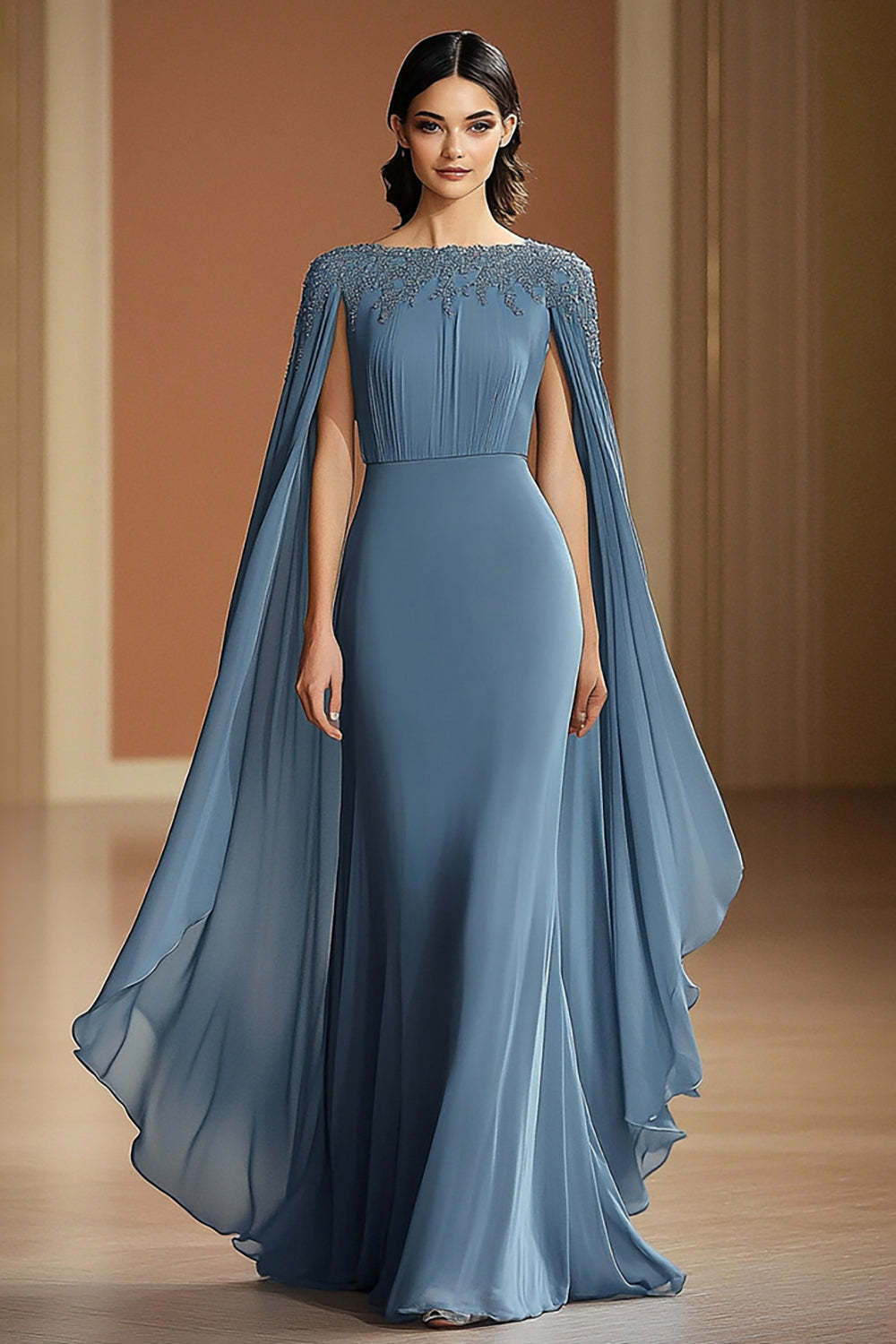 Dreamyannie Chiffon Long Grey Blue Wedding Guest Dress Sheath Formal Dress With Shawl