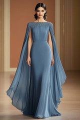 Dreamyannie Chiffon Long Grey Blue Wedding Guest Dress Sheath Formal Dress With Shawl