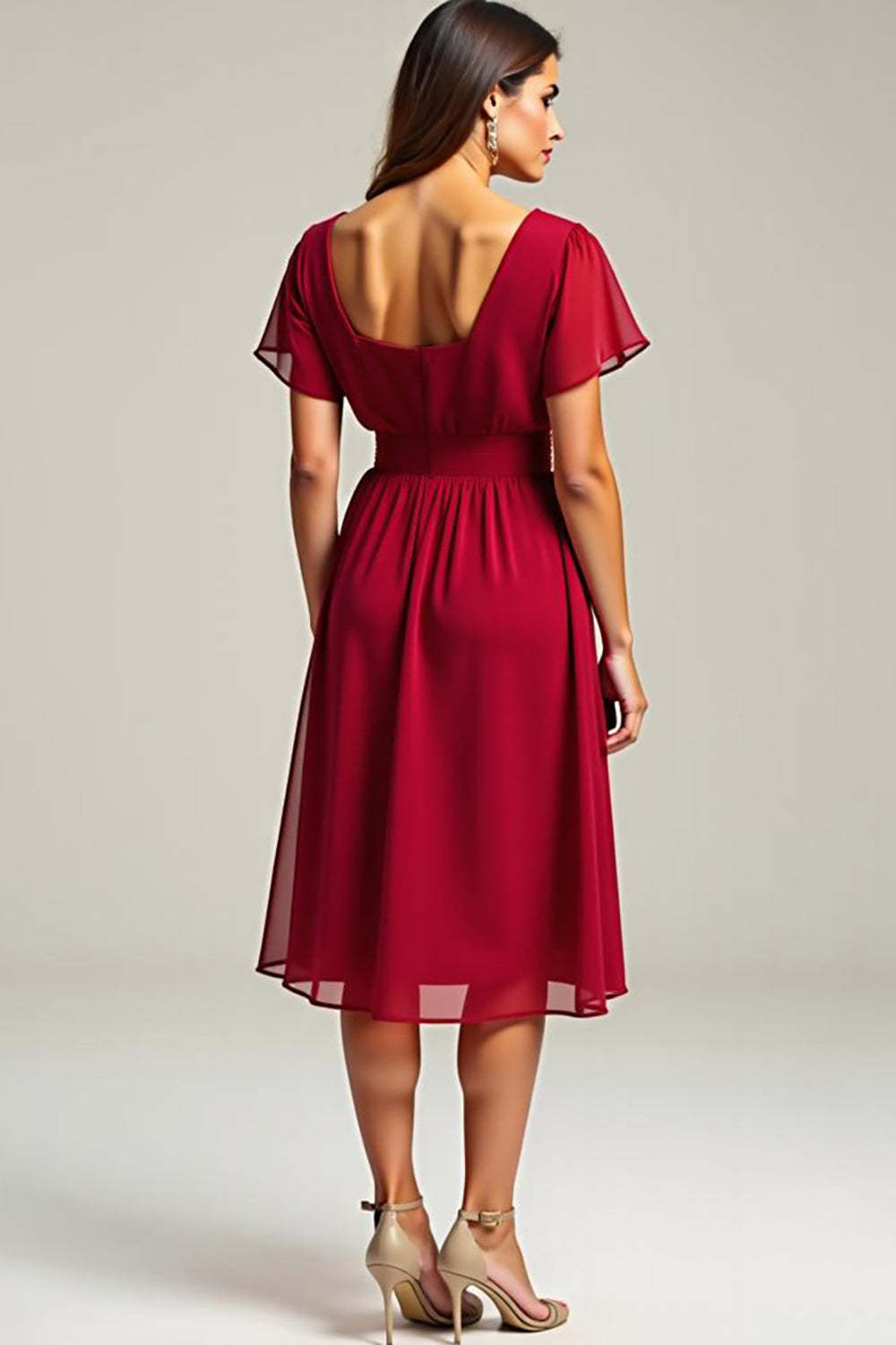 Dreamyannie Chiffon Red Wedding Guest Dress V-Neck Knee Length Formal Dress With Short Sleeves