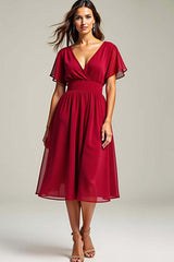 Dreamyannie Chiffon Red Wedding Guest Dress V-Neck Knee Length Formal Dress With Short Sleeves