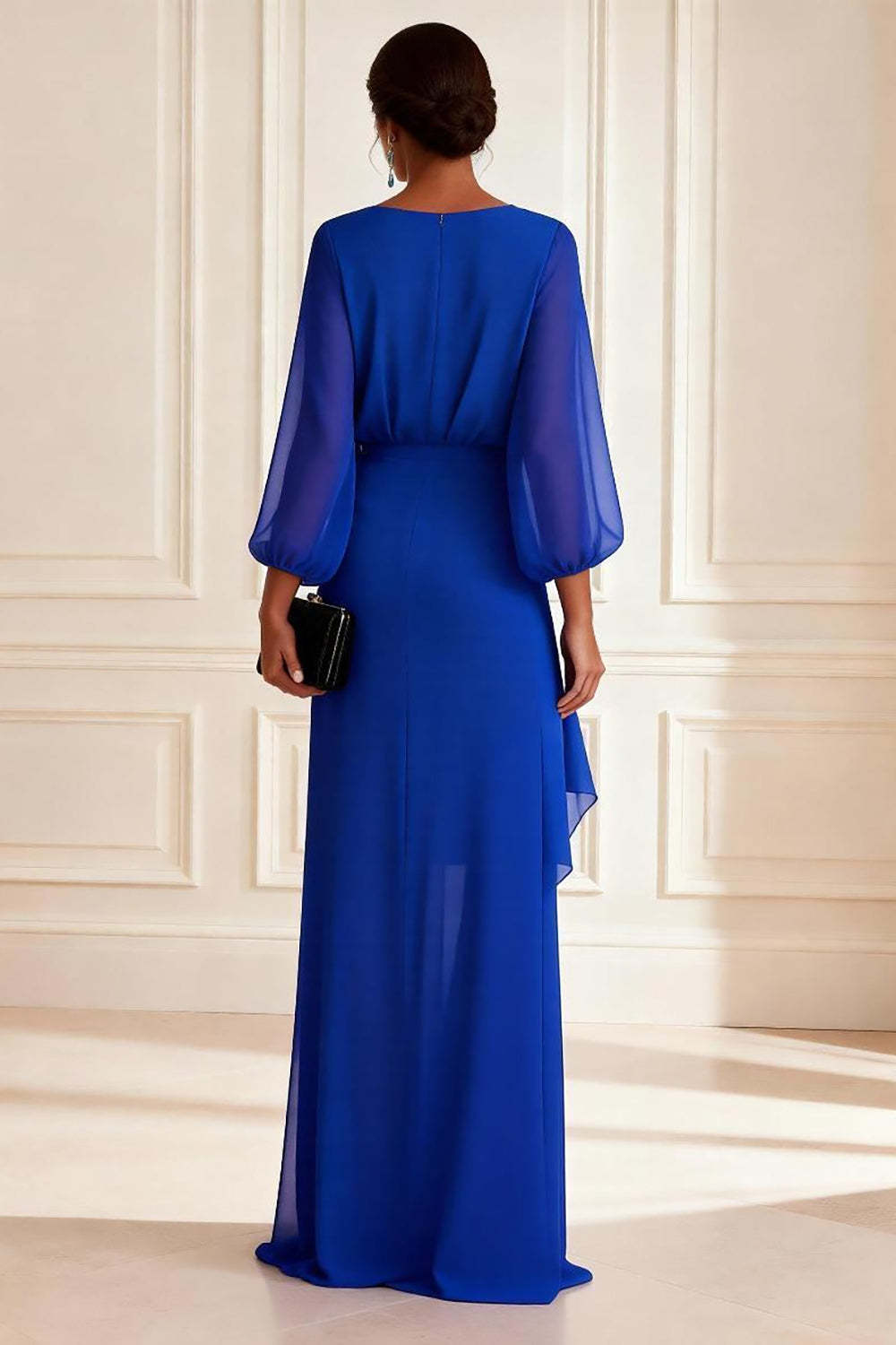 Dreamyannie Chiffon Royal Blue V Neck Asymmetrical Floral Mother Of The Bride Dress