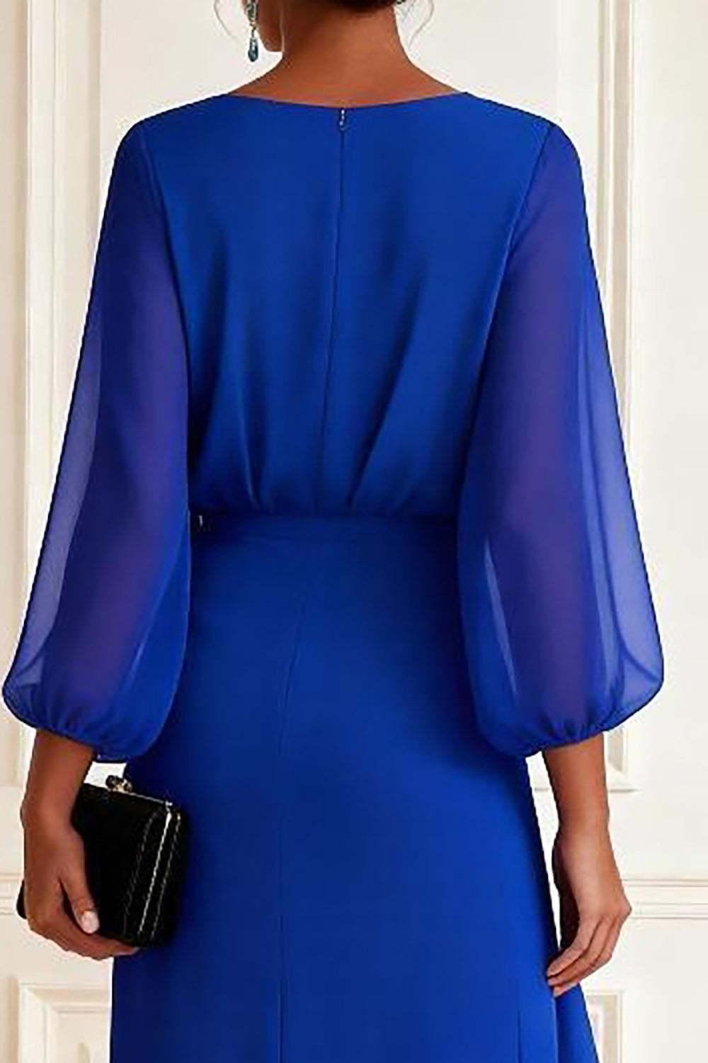 Dreamyannie Chiffon Royal Blue V Neck Asymmetrical Floral Mother Of The Bride Dress