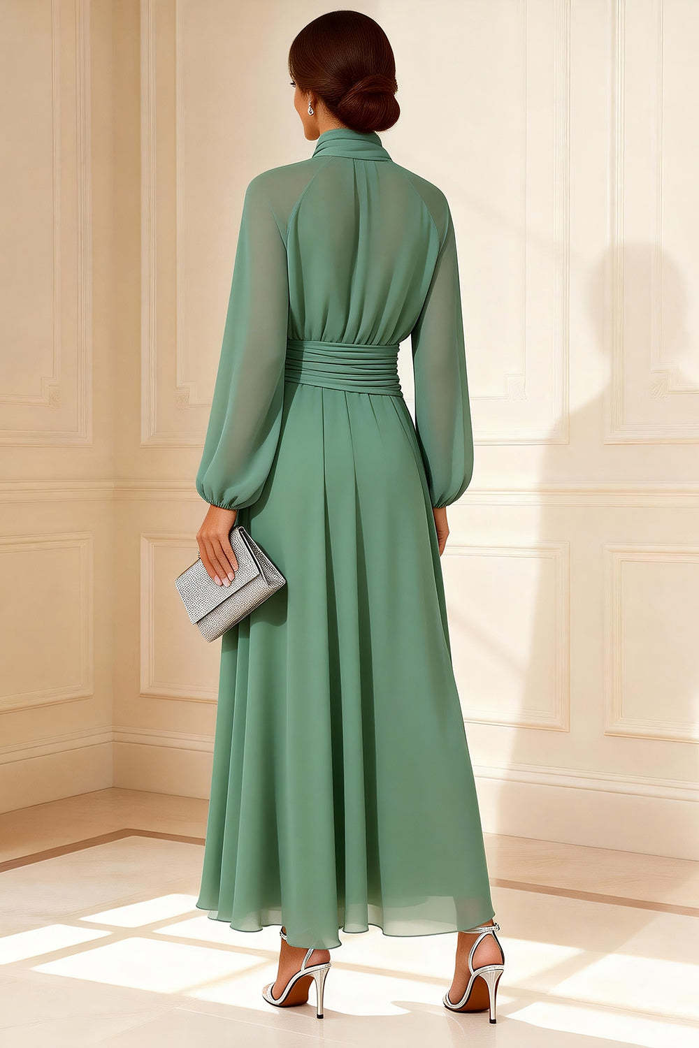 Dreamyannie Chiffon Sage Green High Neck A Line Long Mother Of The Bride Dress