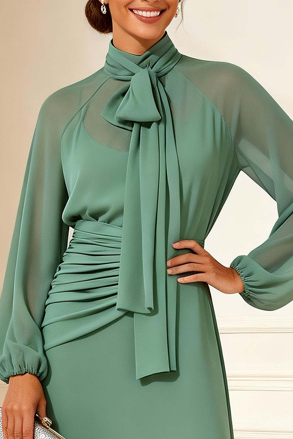 Dreamyannie Chiffon Sage Green High Neck A Line Long Mother Of The Bride Dress
