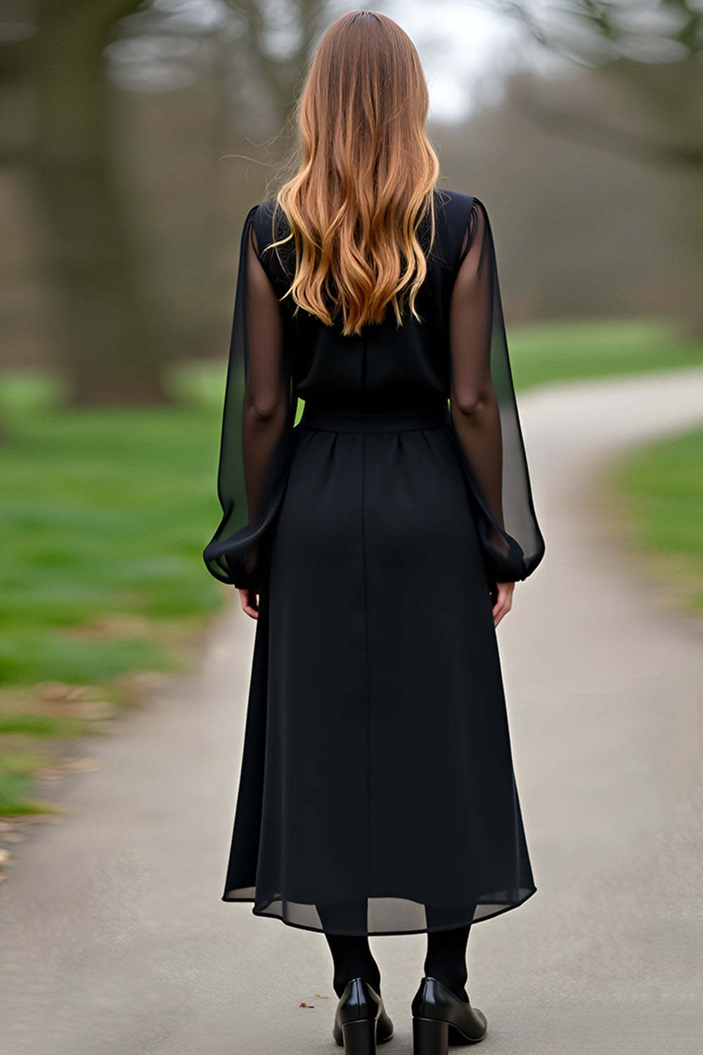 Dreamyannie Chiffon Sleeves A Line Black Wedding Guest Dress Formal Dress