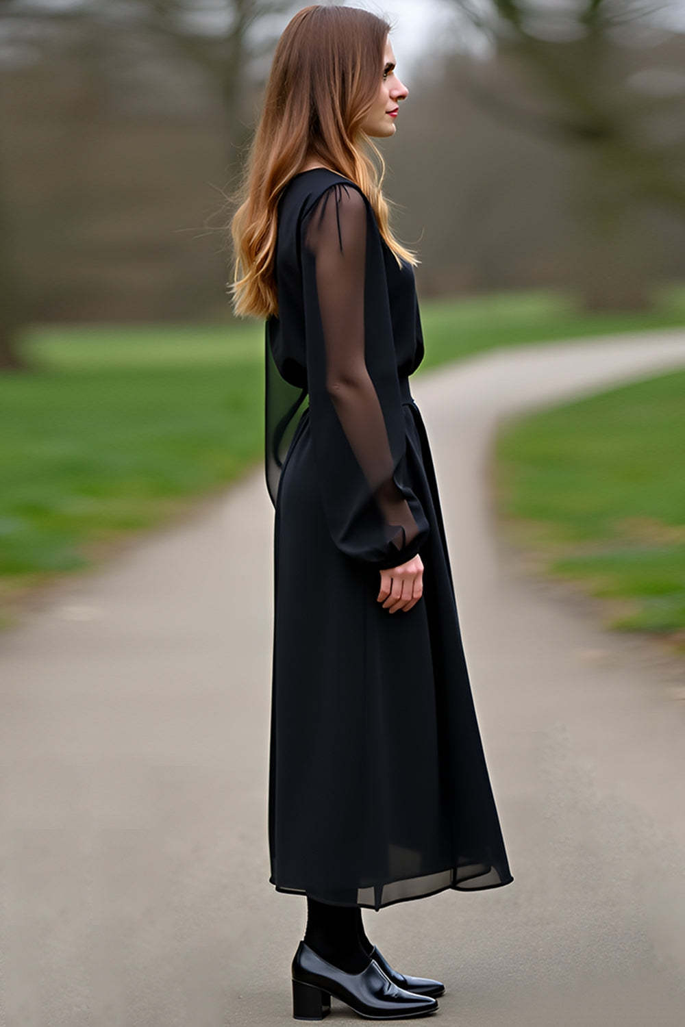 Dreamyannie Chiffon Sleeves A Line Black Wedding Guest Dress Formal Dress