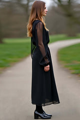 Dreamyannie Chiffon Sleeves A Line Black Wedding Guest Dress Formal Dress