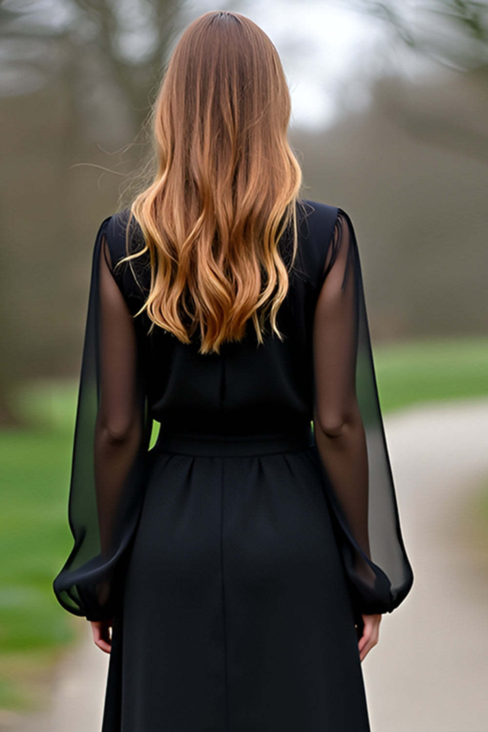 Dreamyannie Chiffon Sleeves A Line Black Wedding Guest Dress Formal Dress