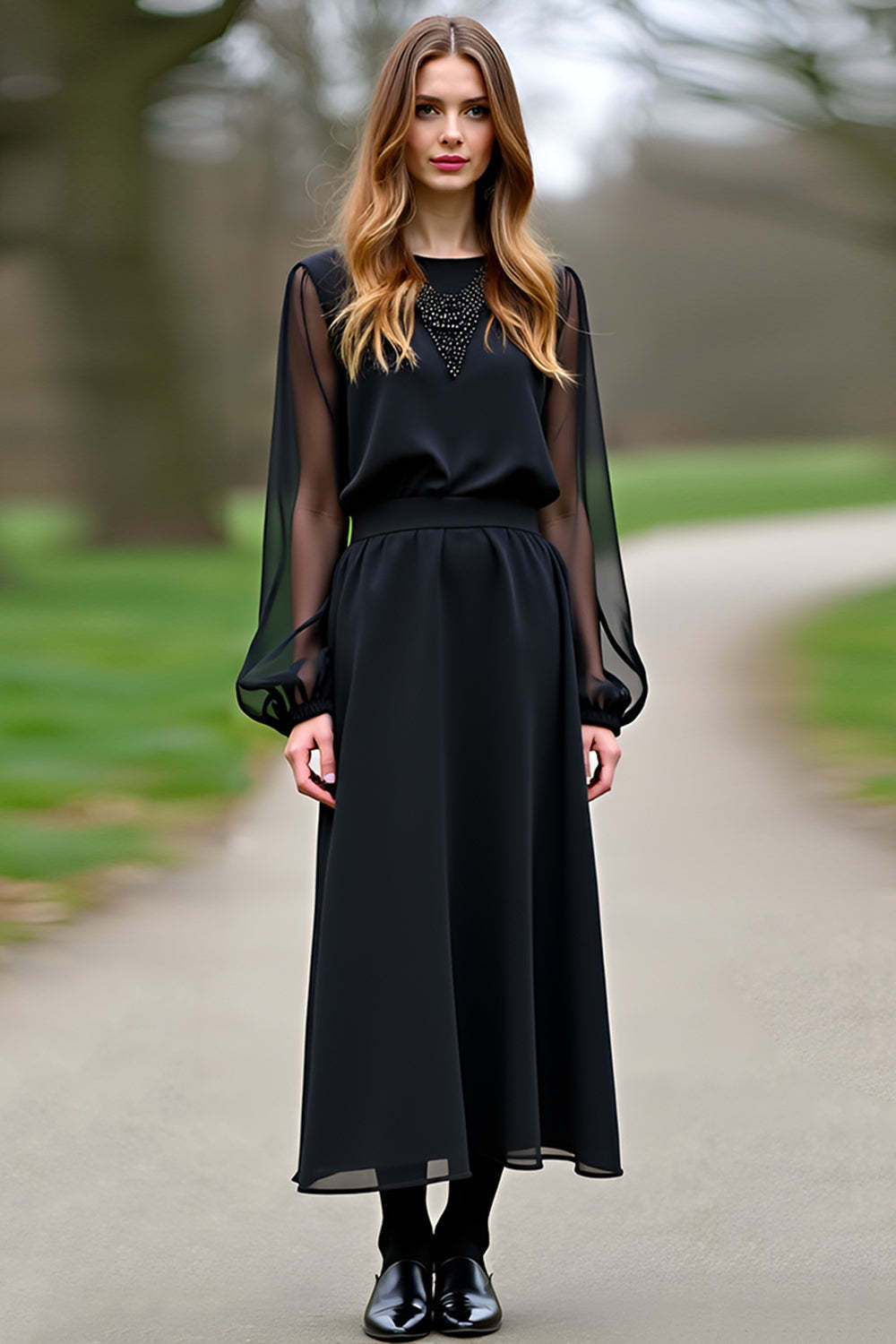 Dreamyannie Chiffon Sleeves A Line Black Wedding Guest Dress Formal Dress
