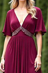 Dreamyannie Chiffon V-Neck Burgundy Wedding Guest Dress Formal Dress With Beading