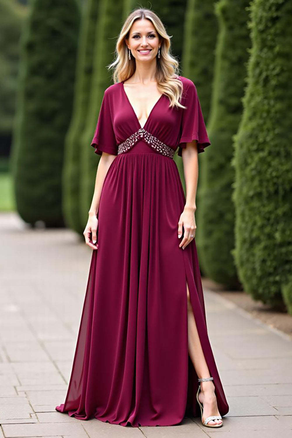 Dreamyannie Chiffon V-Neck Burgundy Wedding Guest Dress Formal Dress With Beading