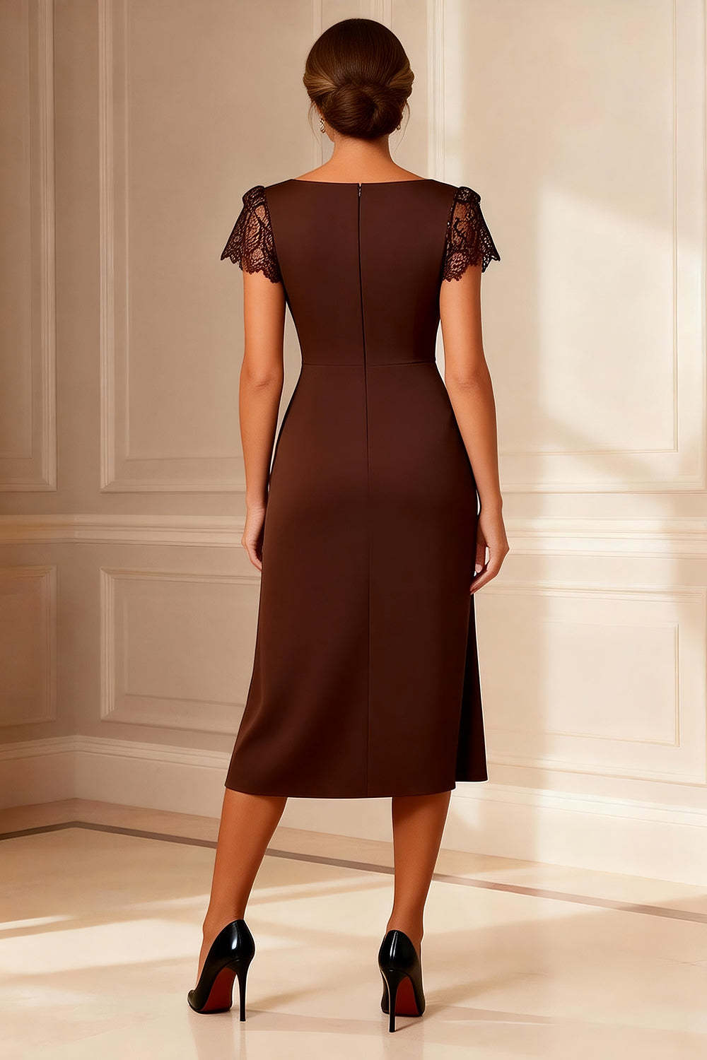 Dreamyannie Chocolate Sheath Boat Neck Midi Mother Of The Bride Dress With Lace