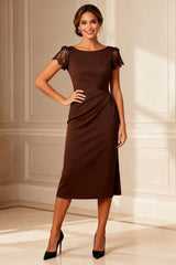 Dreamyannie Chocolate Sheath Boat Neck Midi Mother Of The Bride Dress With Lace