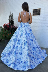 Dreamyannie Classic Blue Floral A-Line Square Neck Backless Long Prom Gown Formal Evening Gown