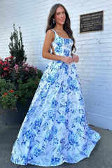 Dreamyannie Classic Blue Floral A-Line Square Neck Backless Long Prom Gown Formal Evening Gown