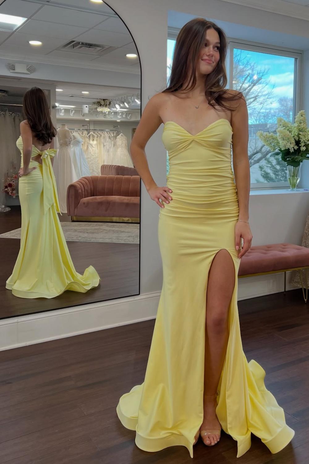 Dreamyannie Classic Mermaid Sweetheart Yellow Long Prom Dress With Split Front Open Back Formal Evening Gown