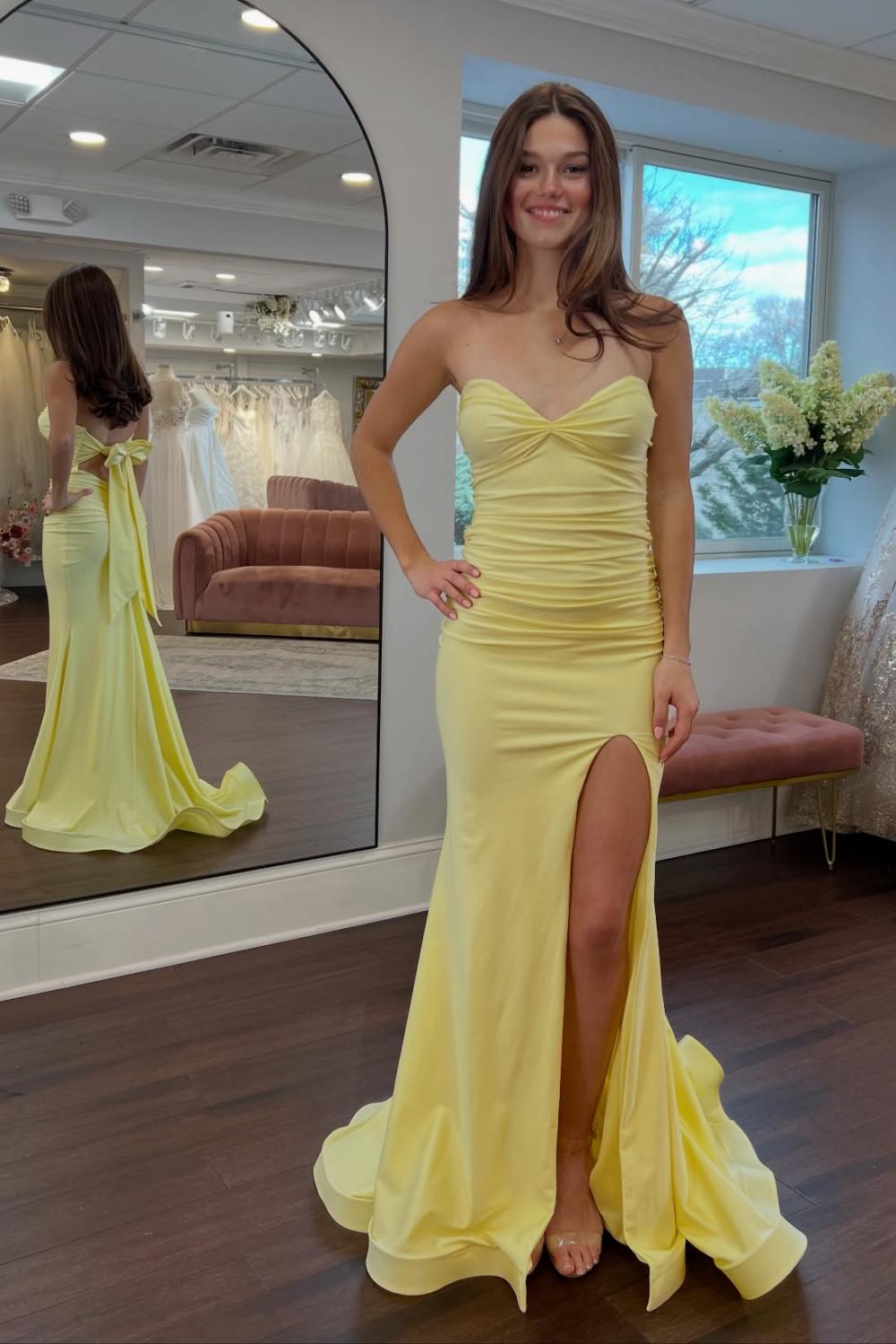 Dreamyannie Classic Mermaid Sweetheart Yellow Long Prom Dress With Split Front Open Back Formal Evening Gown