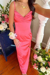 Dreamyannie Classic Sheath Spaghetti Straps Candy Pink Long Prom Dress With Ruched Formal Evening Gown