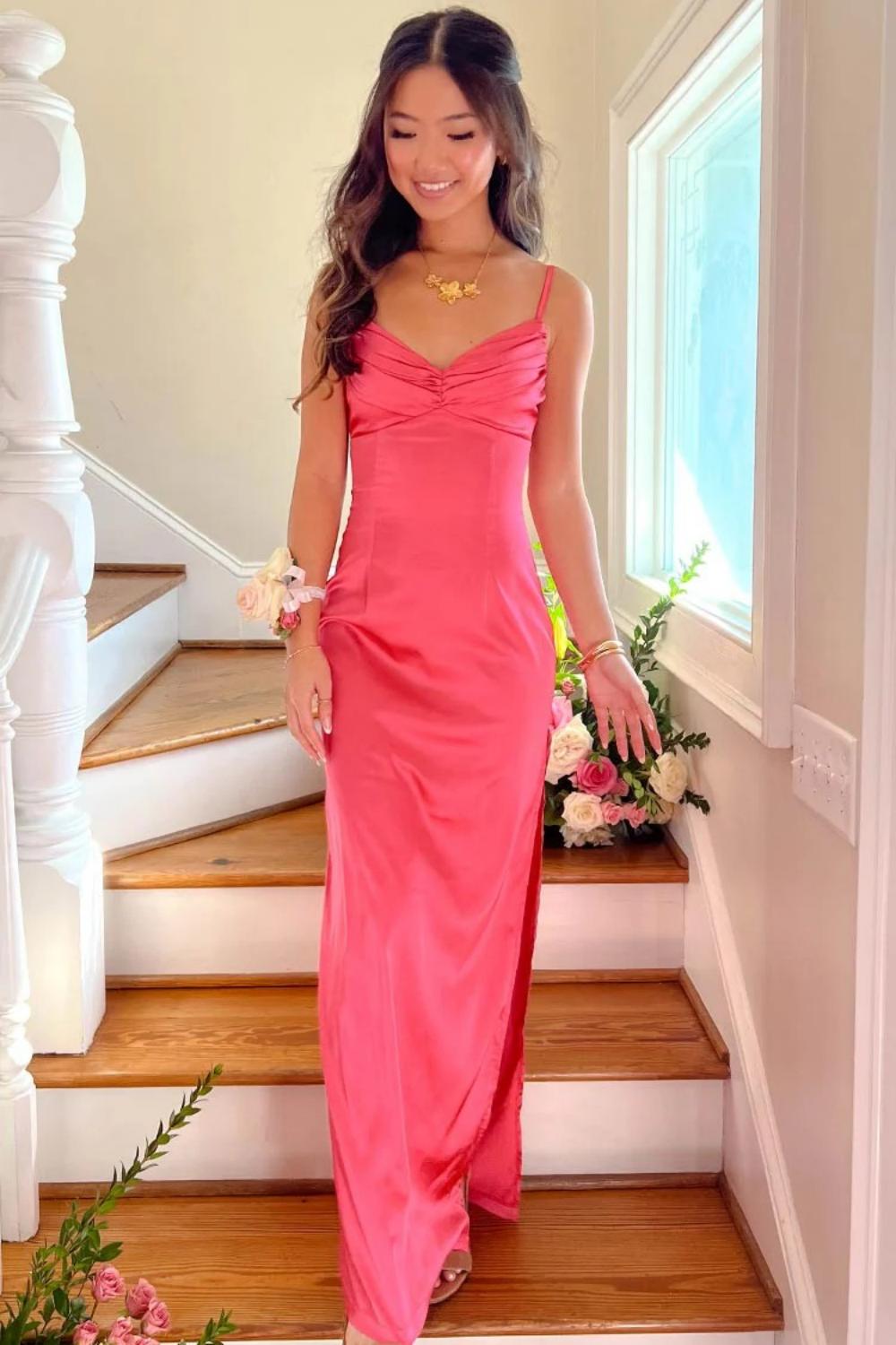 Dreamyannie Classic Sheath Spaghetti Straps Candy Pink Long Prom Dress With Ruched Formal Evening Gown