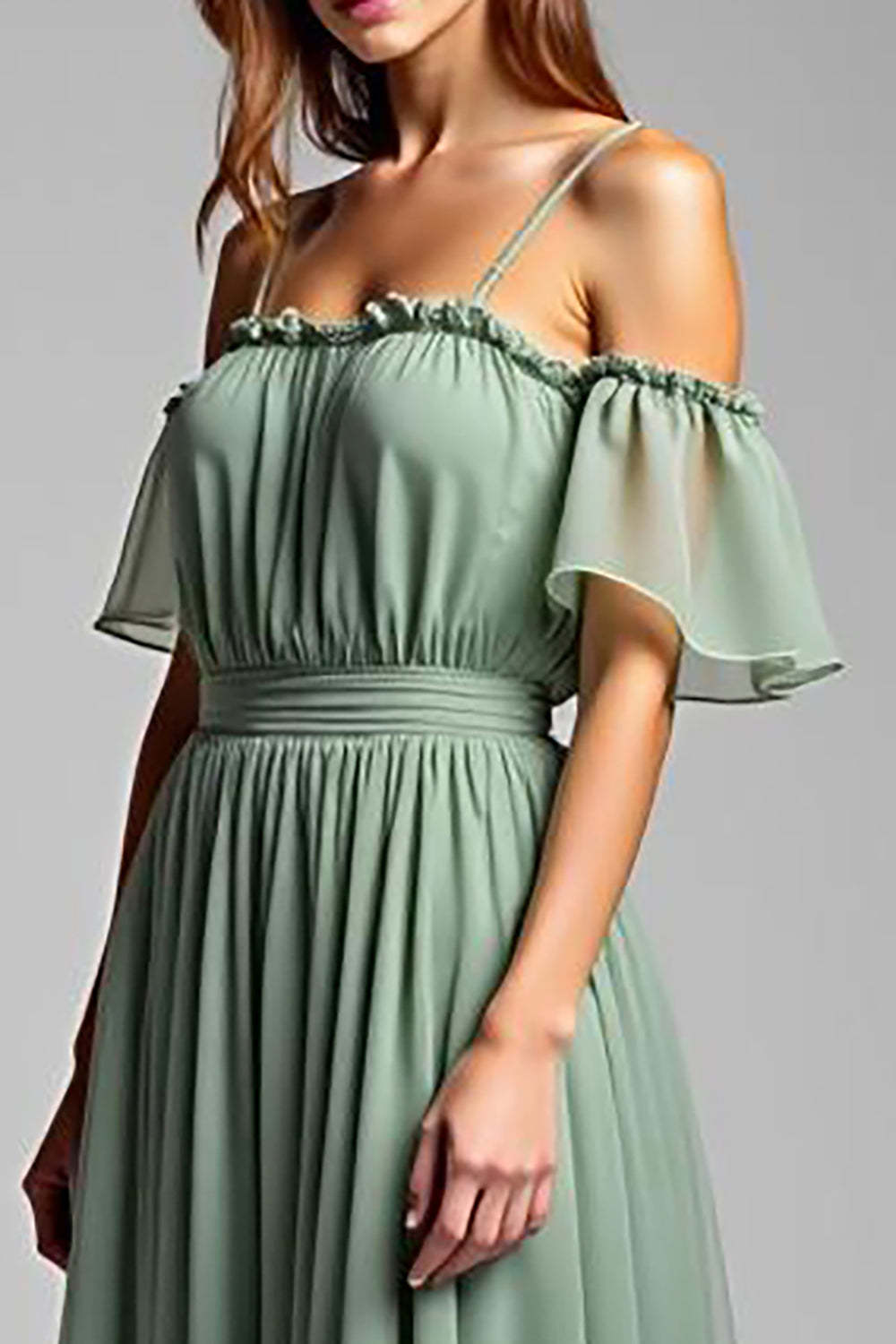 Dreamyannie Cold Shoulder A Line Dusty Sage Wedding Guest Dress Long Formal Dress