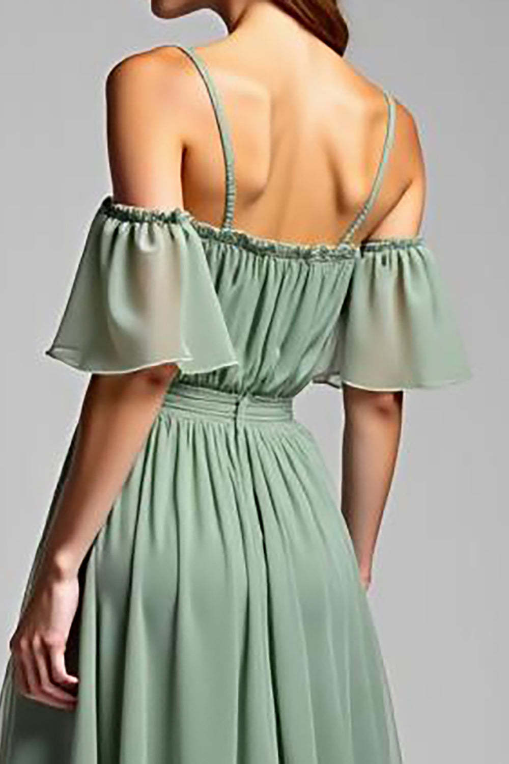 Dreamyannie Cold Shoulder A Line Dusty Sage Wedding Guest Dress Long Formal Dress