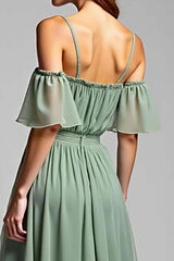 Dreamyannie Cold Shoulder A Line Dusty Sage Wedding Guest Dress Long Formal Dress