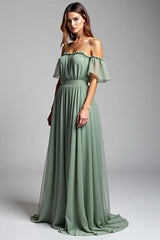 Dreamyannie Cold Shoulder A Line Dusty Sage Wedding Guest Dress Long Formal Dress
