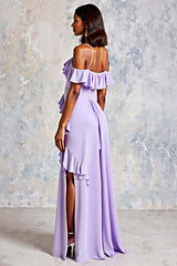 Dreamyannie Cold Shoulder Lilac Ruffled Long Chiffon Formal Dress