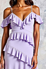 Dreamyannie Cold Shoulder Lilac Ruffled Long Chiffon Formal Dress