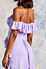 Dreamyannie Cold Shoulder Lilac Ruffled Long Chiffon Formal Dress
