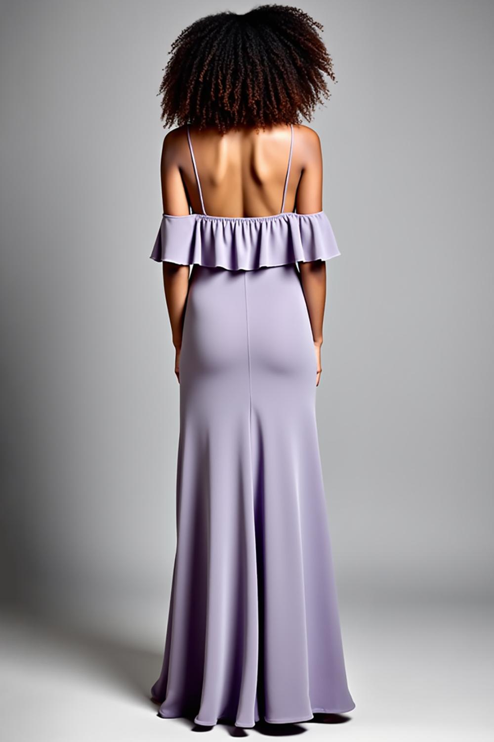 Dreamyannie Cold Shoulder Ruffled Lilac Long Formal Dress With Slit