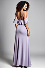 Dreamyannie Cold Shoulder Ruffled Lilac Long Formal Dress With Slit