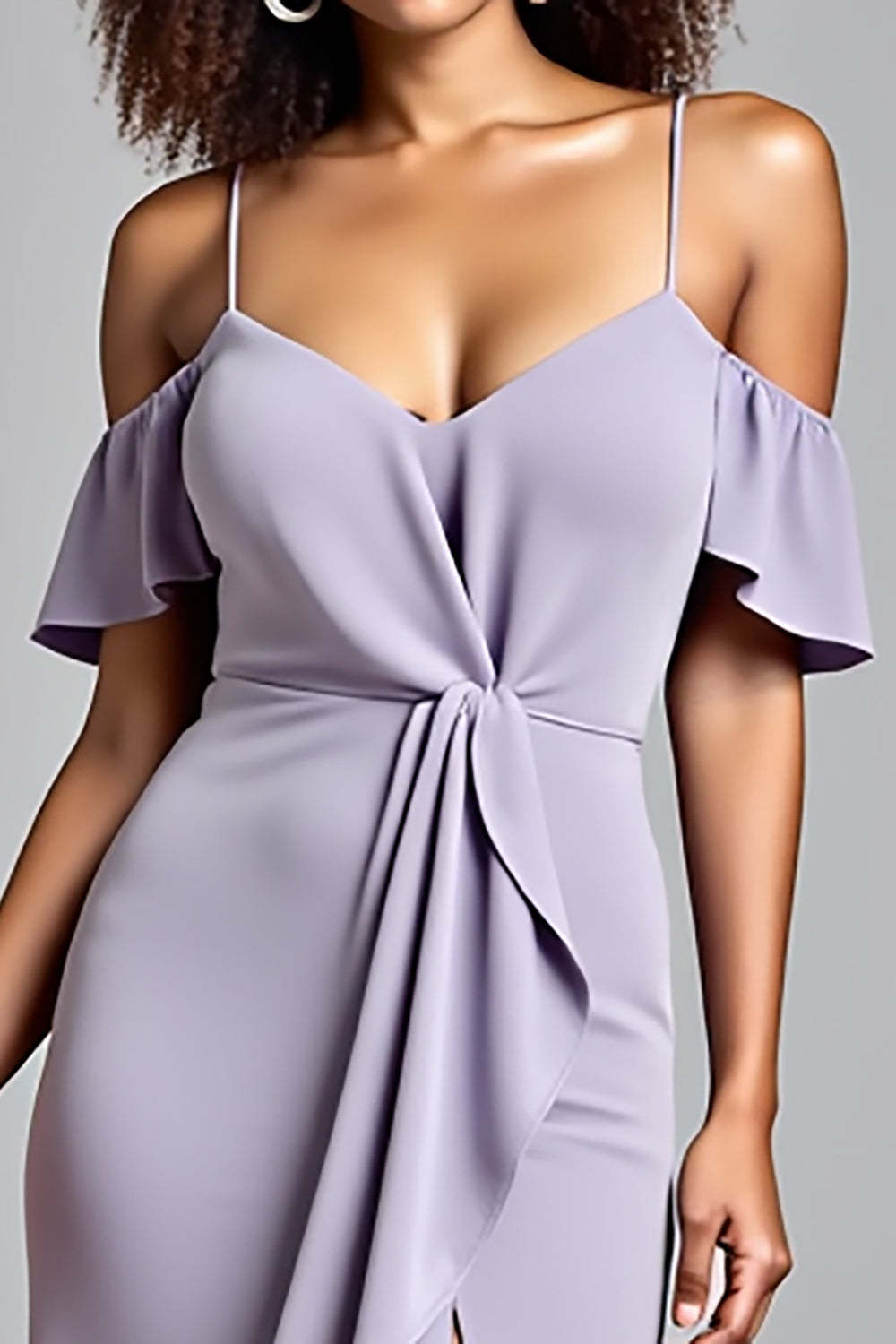 Dreamyannie Cold Shoulder Ruffled Lilac Long Formal Dress With Slit